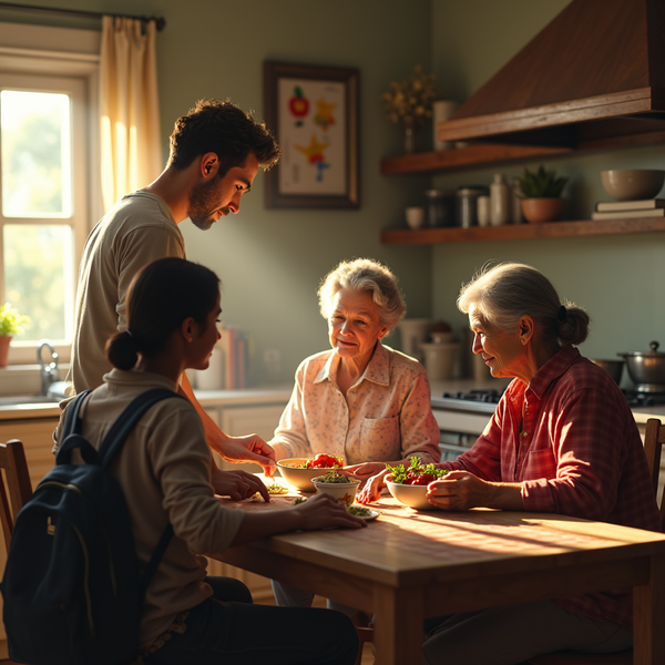 Three people sit at a kitchen table eating salad, bathed in warm sunlight from a nearby window.