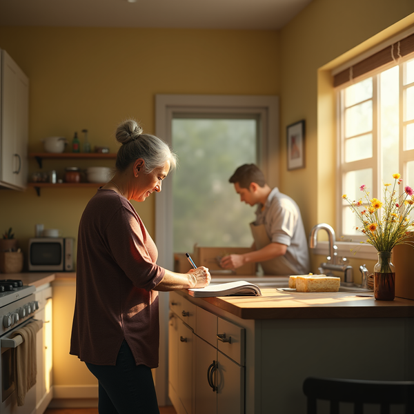 Two individuals work at a kitchen counter bathed in warm sunlight streaming through a window with flowers nearby.