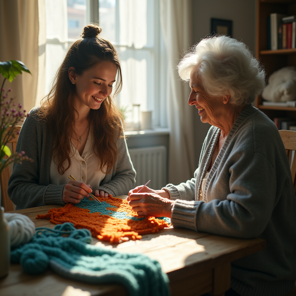 Two women share a smile while working on an orange and teal knitted blanket at a wooden table.