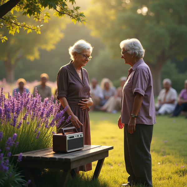 Two elderly women converse on a grassy lawn at dusk, with a retro radio and lavender nearby.