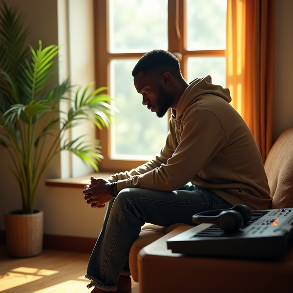 A young man sits on a sofa near a window with a palm plant and synthesizer keyboard nearby.