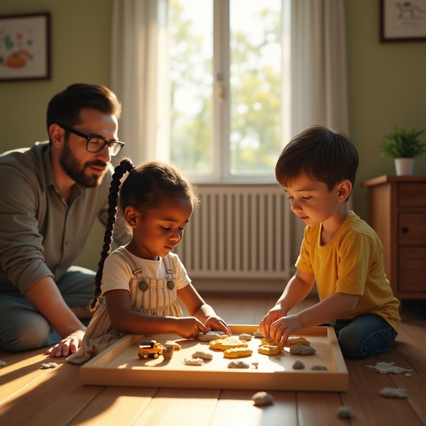 A man sits with two young children playing with clay shapes on a wooden tray indoors.