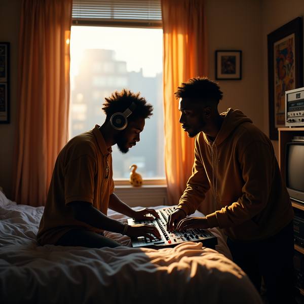 Two men with headphones sit on a bed, playing a midi keyboard and mixer near a window with orange curtains.