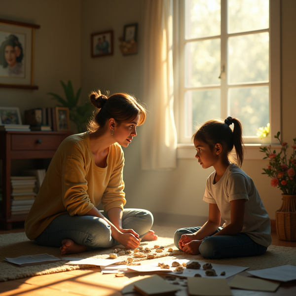 A woman and a young girl sit cross-legged on a rug, bathed in warm sunlight from a nearby window.