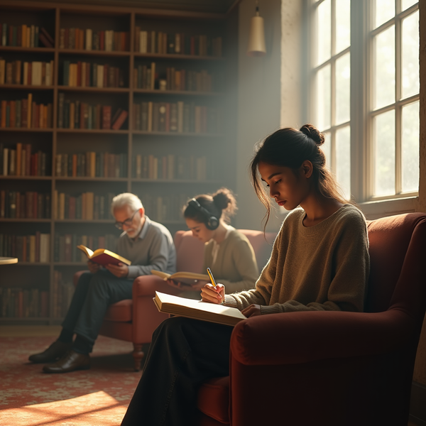 Three people read and write in a sunlit room filled with bookshelves.
