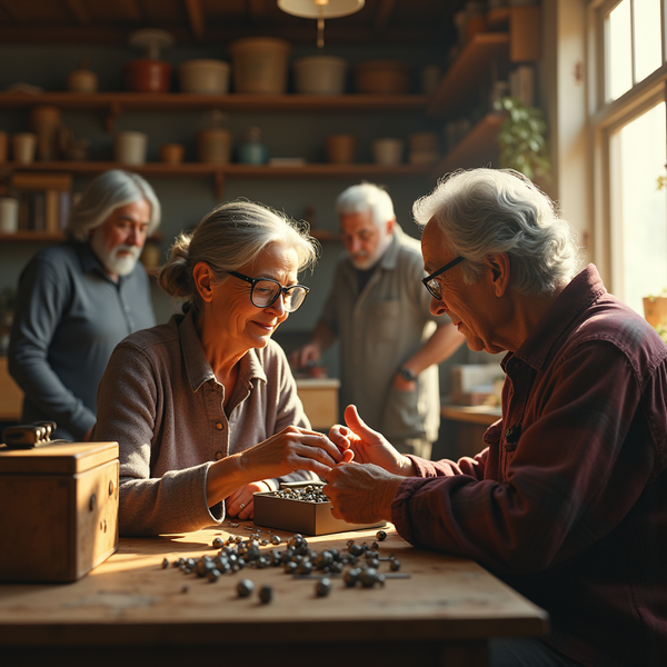 Two older adults examine dark berries on a wooden table while others are visible in the background.