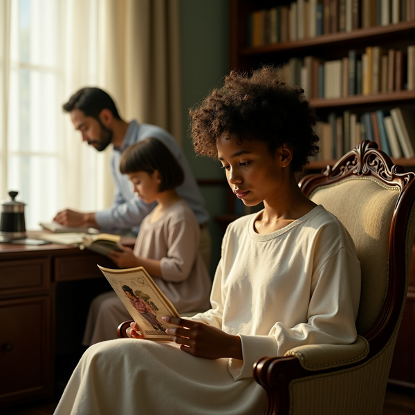 A woman reads a magazine while seated; behind her, a family quietly engages with books.