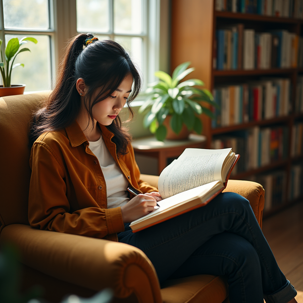 A young woman sits in an armchair, writing in a notebook while reading an open book by a window with plants and bookshelves nearby.