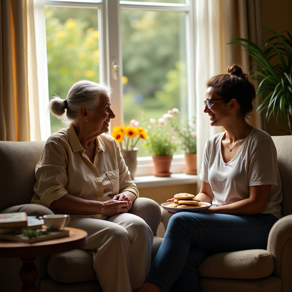 Two women sit on a couch facing each other, smiling while one offers cookies on a plate near a bright window.