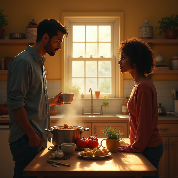 Two people stand in a warm kitchen, one offering a mug while light streams through a nearby window.