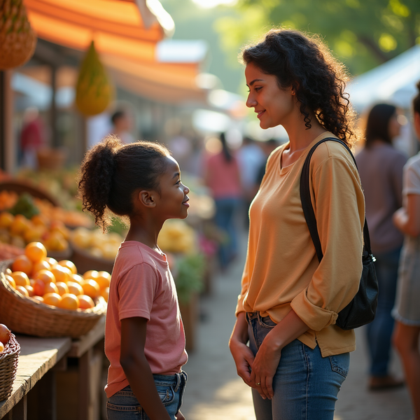 A young girl and woman smile at each other while standing near a fruit stand at an outdoor market.