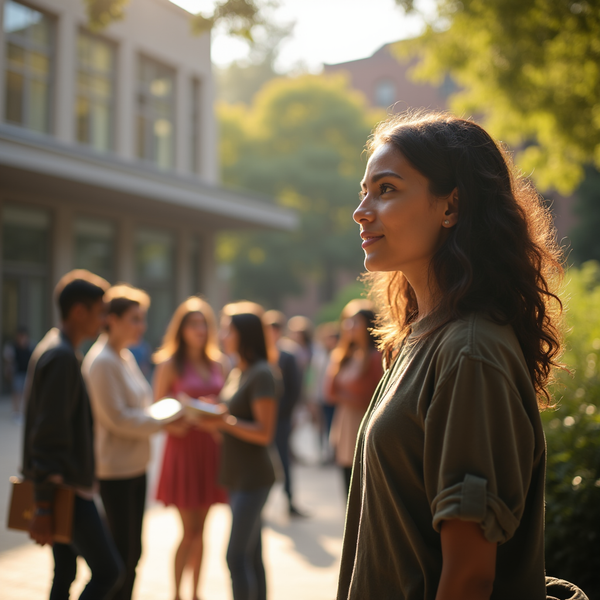 A young woman with curly hair gazes off into the distance amidst a crowd on a sunny campus walkway.