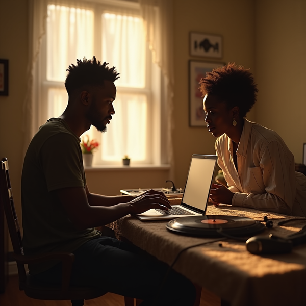 Two people sit at a table with a laptop, illuminated by light from a window behind them.