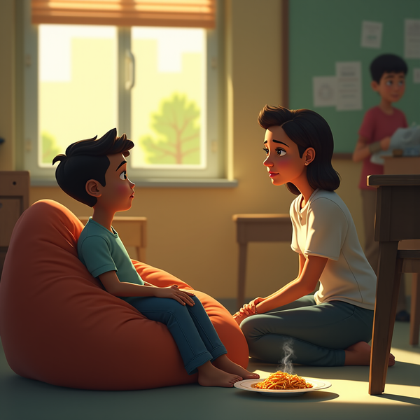 A boy sits on a beanbag as a woman speaks with concern while holding a plate of spaghetti.