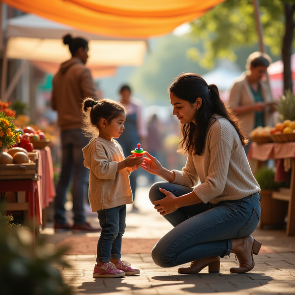 A mother kneels and hands a small girl a yellow spinning top toy at an outdoor market.