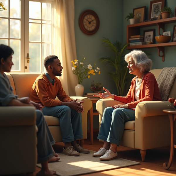 Two adults converse with an elderly woman in a warmly lit living room featuring a window and built-in shelves.