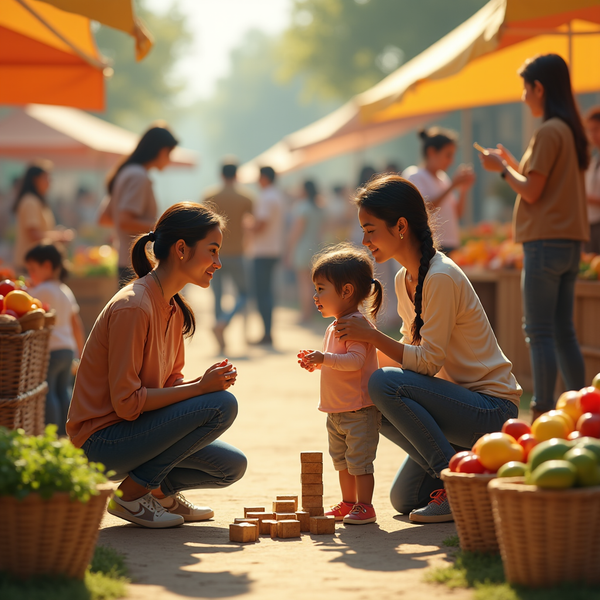 Two women crouch beside a toddler playing with wooden blocks at an outdoor market.