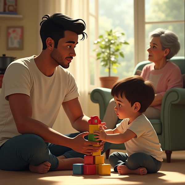 A young man helps a toddler build a block tower while an older woman watches nearby in a sunlit room.