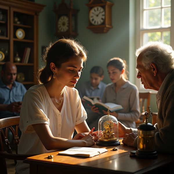 An older man instructs a young woman at a table filled with antique clocks and diagrams.