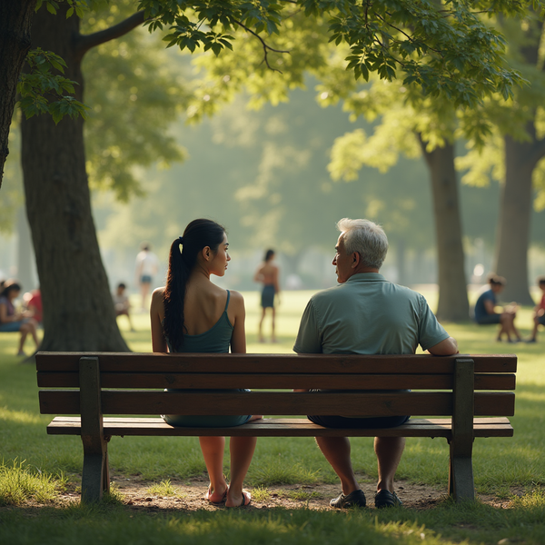 Two figures sit on a wooden bench in a sun-dappled park, observing someone in the distance.