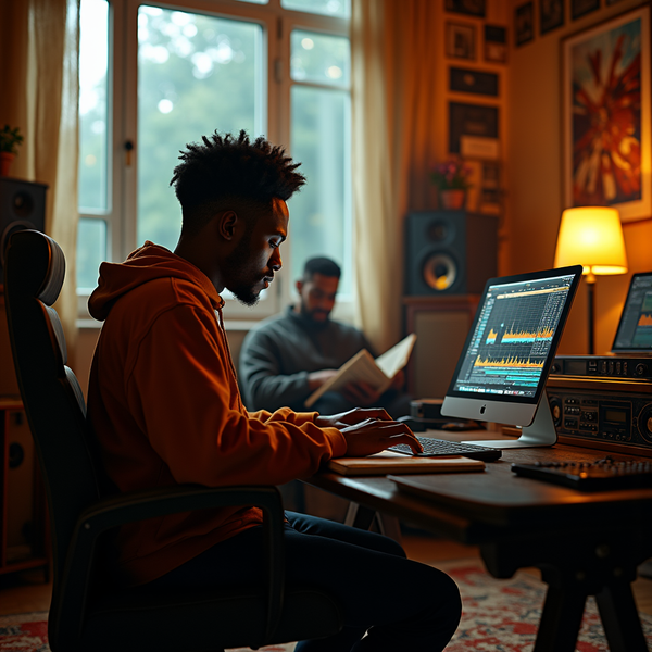 A man with an orange hoodie sits at a computer desk, focused on audio editing software.