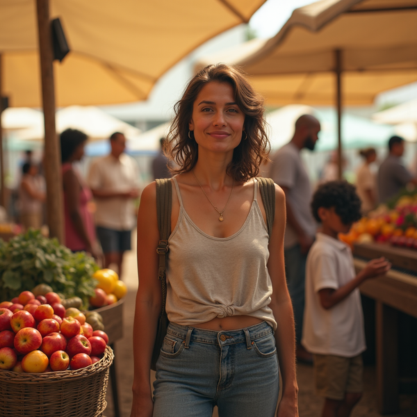 A young woman smiles at the camera while standing near a fruit stand filled with apples and other produce.