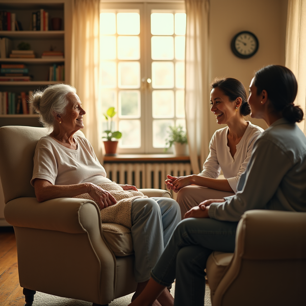 An elderly woman smiles while seated with two younger women in a warmly lit living room.