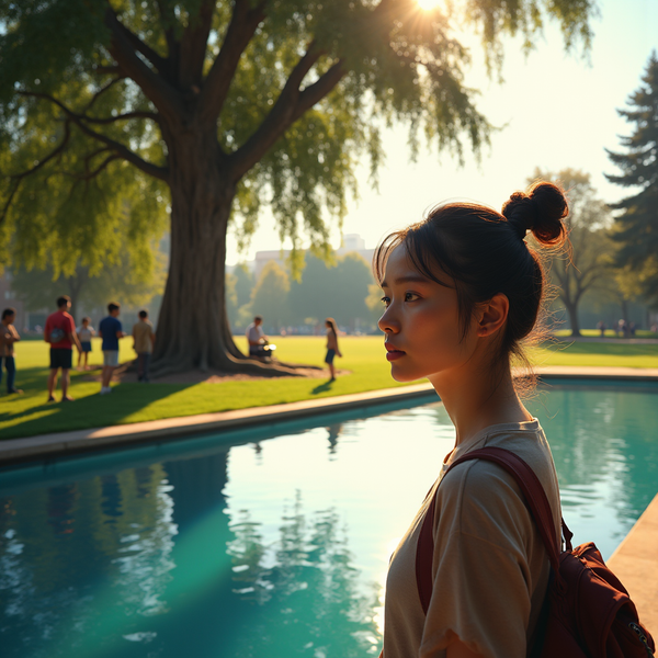 A young woman with a topknot gazes across a pond at people gathered beneath a large tree on a sunny day.