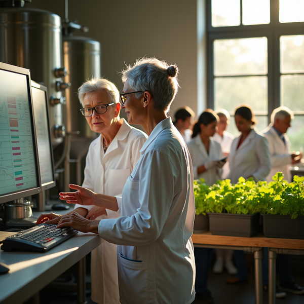 Two scientists review data on a computer monitor in a bright laboratory with plants and colleagues visible in the background.