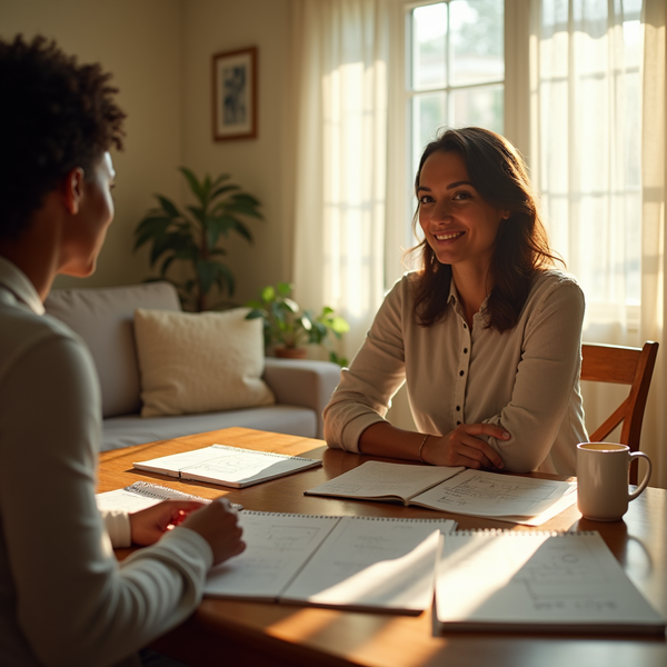 Two women sit at a wooden table with documents, one smiling warmly across from the other.
