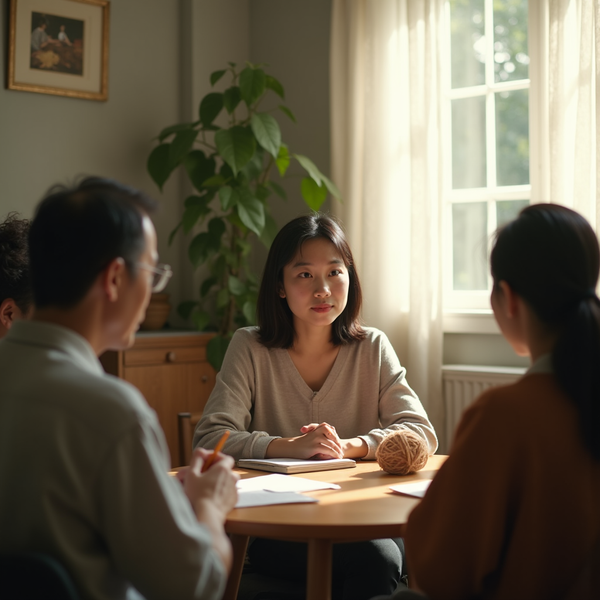 Three people sit around a wooden table during a meeting bathed in sunlight from a nearby window.