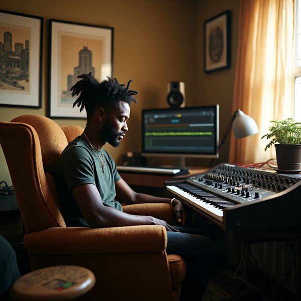A man with dreadlocks sits at a keyboard in a home music studio bathed in warm light.