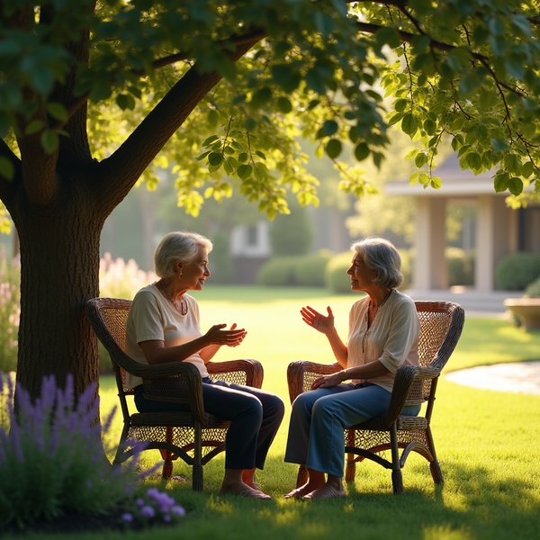 Two older women sit facing each other in wicker chairs under a leafy tree on a sunny lawn.