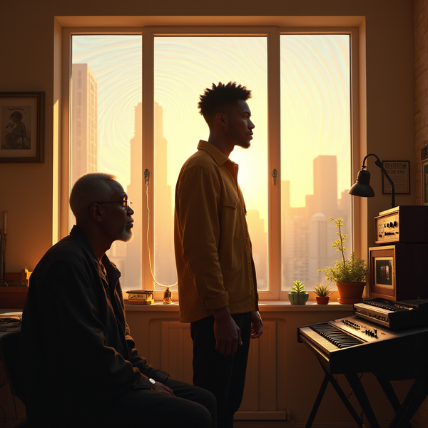 Two men stand in a sunlit room with a city view; one seated, playing an instrument.