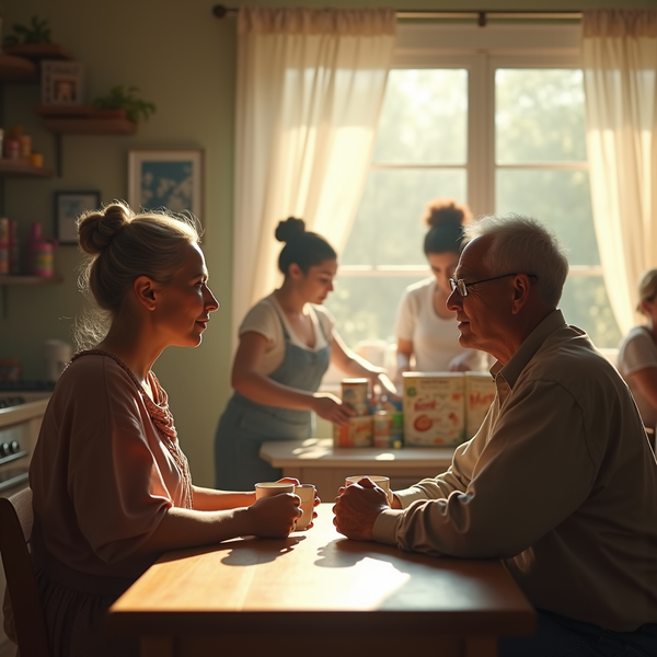 An older man and young woman sit at a table facing each other, engaged in conversation.