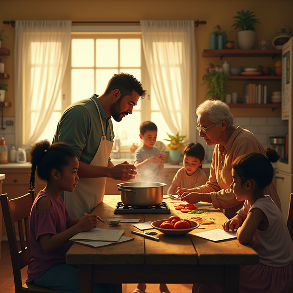 A multigenerational family gathers around a kitchen table preparing food together with warm light streaming through the window.