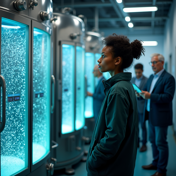 A woman in a jacket observes large tanks illuminated with blue light, alongside two other people in a corridor.
