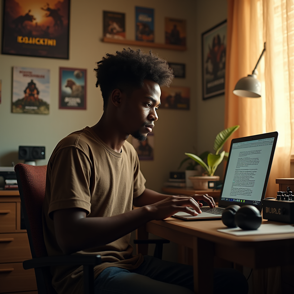 A young man with an afro sits at a desk working on a laptop in a room filled with posters and plants.