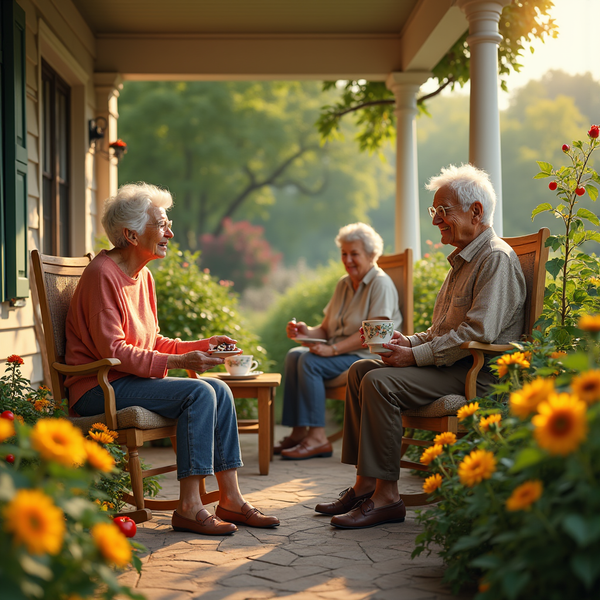 Four elderly individuals sit on a porch enjoying tea surrounded by vibrant sunflowers and lush greenery.