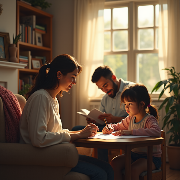 A family sits at a table near a window, writing or drawing together in a bright room.