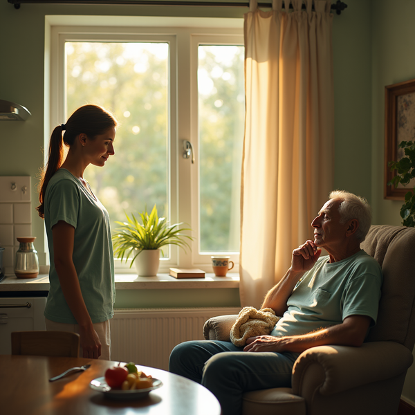 An older man with a hearing aid sits listening to a young woman across from him near a window.