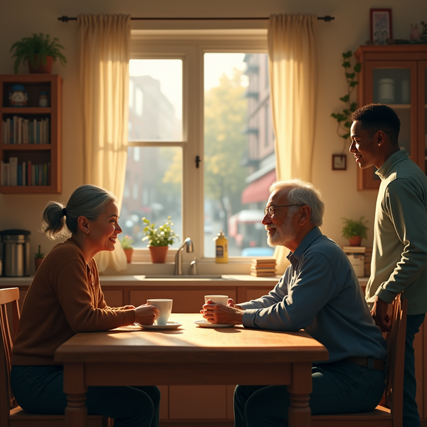 Three individuals sit at a wooden table inside a warmly lit kitchen with a window view.