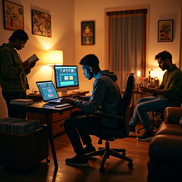 Three young men are engaged in different activities within a warmly lit living room.