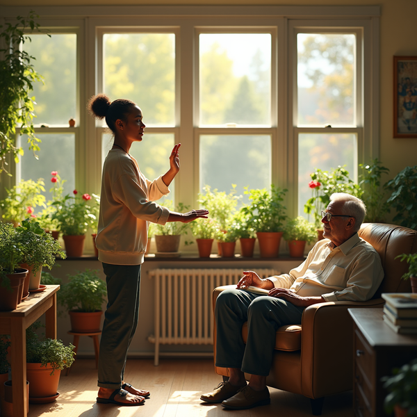 A young woman gestures while speaking with an elderly man in a sunlit room filled with potted plants.