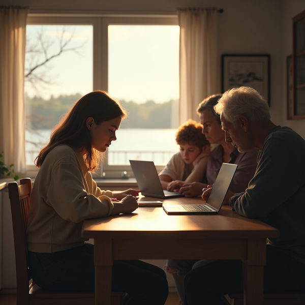 A multigenerational family sits around a table using laptops bathed in warm light from a nearby window.