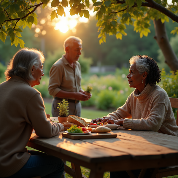 Three older adults enjoy a meal outdoors bathed in golden sunlight beneath a leafy tree.