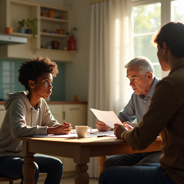 A young person sits at a table with two adults reviewing papers bathed in warm sunlight.