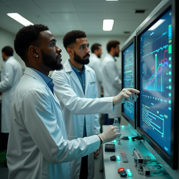 Two scientists in lab coats examine data on a monitor displaying graphs and technical information.