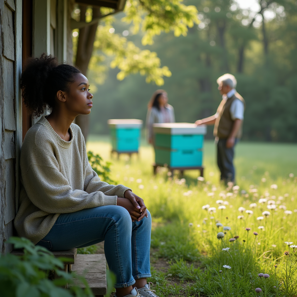 A young woman sits thoughtfully near a building as two people tend to beehives in a grassy field.