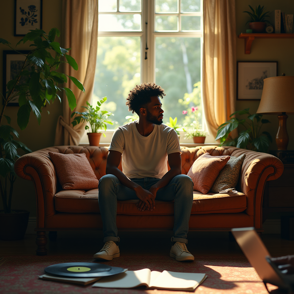 A young man sits on a brown leather couch bathed in warm light from a nearby window with plants and artwork visible.